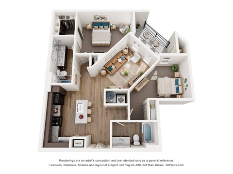 A 3D floor plan of a house with a kitchen, living room, and bathroom.